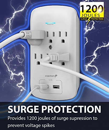 Fosmon 6 Outlet Surge Protector 1200 Joules with 2 USB Ports Charger (3.1A), Multi Plug Outlet Extender 1875 Watt, 3-Prong Grounded Wall Tap Adapter (2 Pack)