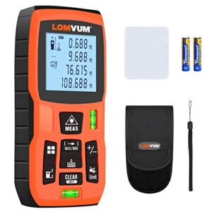 laser measure 165ft - lomvum laser tape measure laser measurement tool with m/in/ft unit switching, backlit lcd, pythagorean mode, measure distance, area and volume - carry pouch and battery included