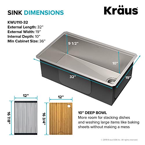 Kraus KWU110-32 Kore inch Undermount 16 Gauge Single Bowl Stainless Steel Kitchen Integrated Ledge and Accessories (Pack of 5), 32 Inch, 32"-Workstation Sink