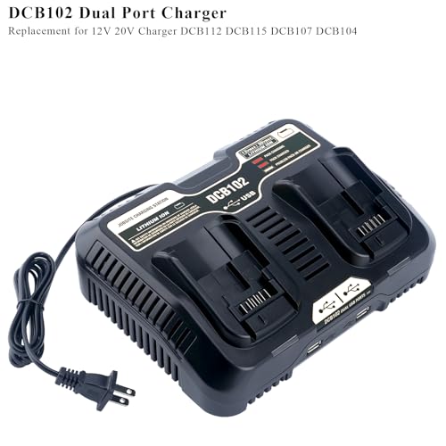 Elefly 20V Dual Charger DCB102 Replacement for De-Walt Charger Station DCB112 DCB115 DCB107 DCB104, Compatible with De-Walt 12V 20V Lithium Battery DCB206 DCB203 DCB204 DCB609 DCB120 DCB124