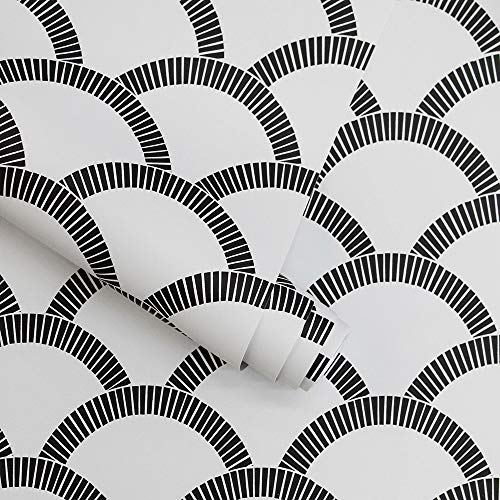 Tempaper Black & Cream Mosaic Scallop Removable Peel and Stick Wallpaper, 20.5 in X 16.5 ft, Made in the USA