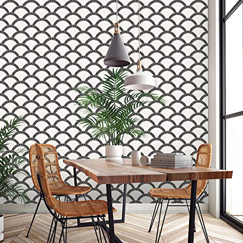 Tempaper Black & Cream Mosaic Scallop Removable Peel and Stick Wallpaper, 20.5 in X 16.5 ft, Made in the USA