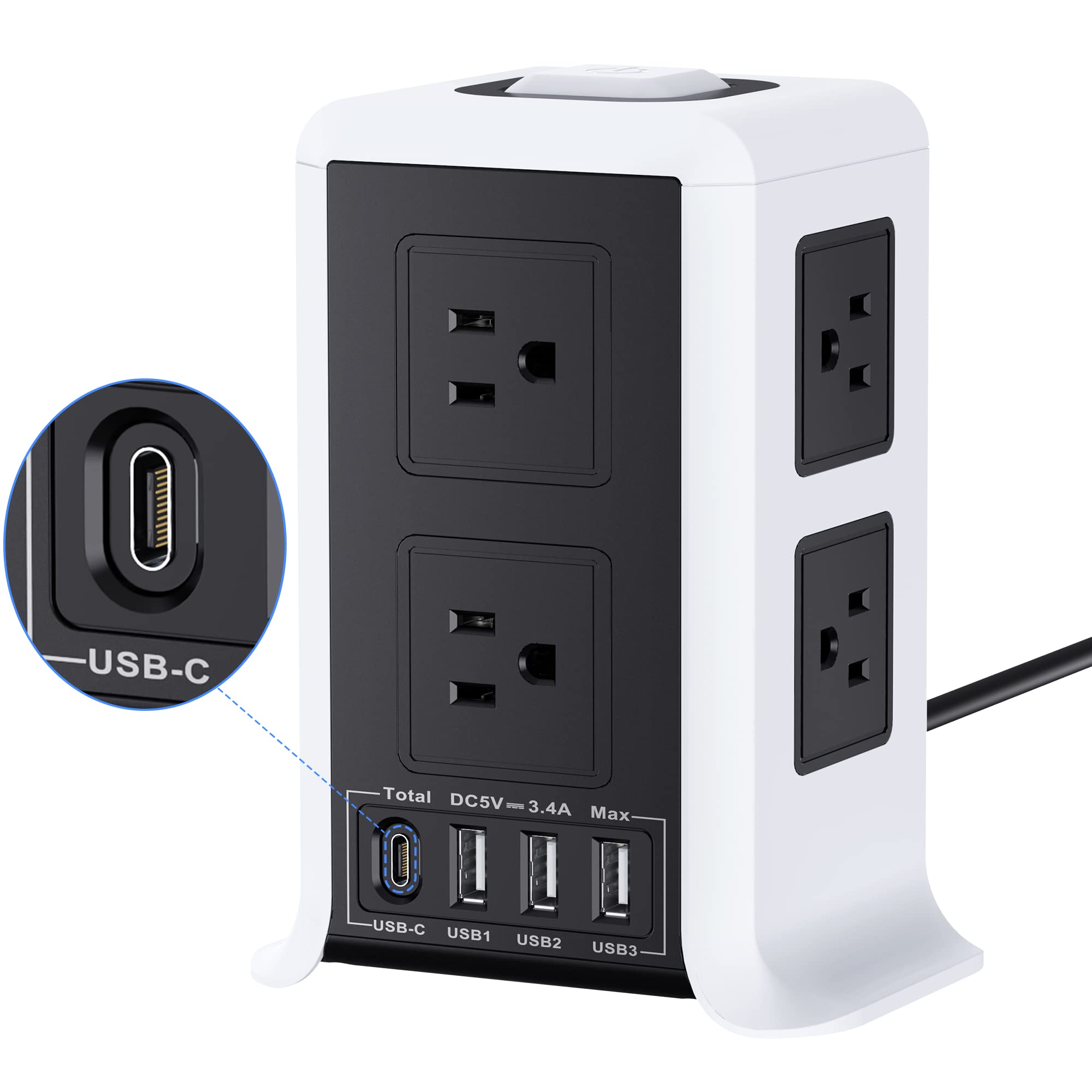 Surge Protector Power Strip 16.4FT/5M 8 Outlet 4 USB Ports Power Strip with Long Cord Outlet Surge Protector Tower Power Strip with USB Plug Lead Extension Cord