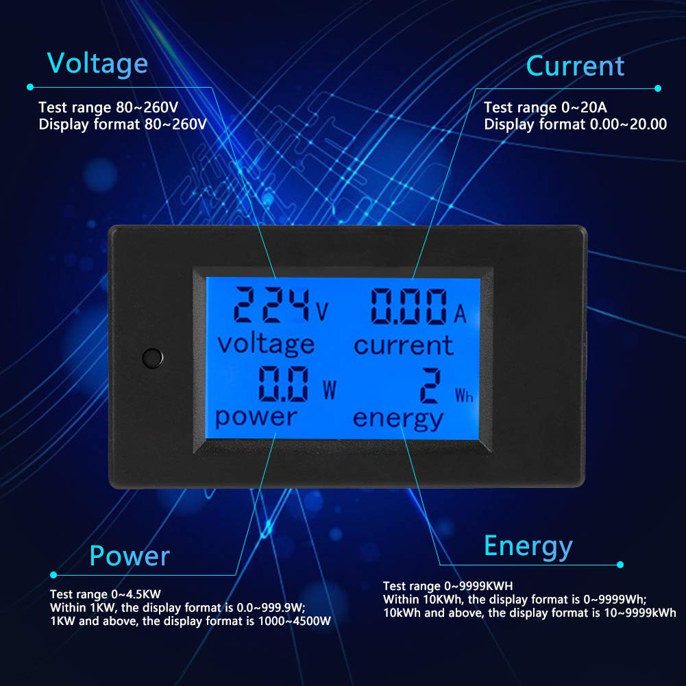 AC Voltage Power Meter, Digital Large-Screen LCD Voltmeter, PZEM-021 80-260VAC 20A/4500W Energy Meter for Electrical Parameter Measurement Include Voltage Current Power and Energy