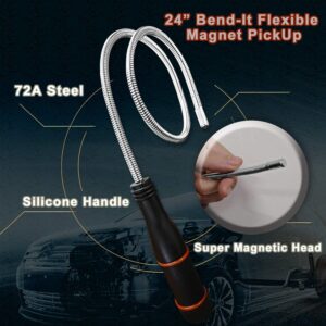 Magnetic Pickup Tool - 24” Bend-It Flexible Magnet Pick-Up Sweeper Bendable Retriever Stick for Hard-to-Reach Home Sink Drains, Car Keys, USB's, Bolts, Nuts, Screws