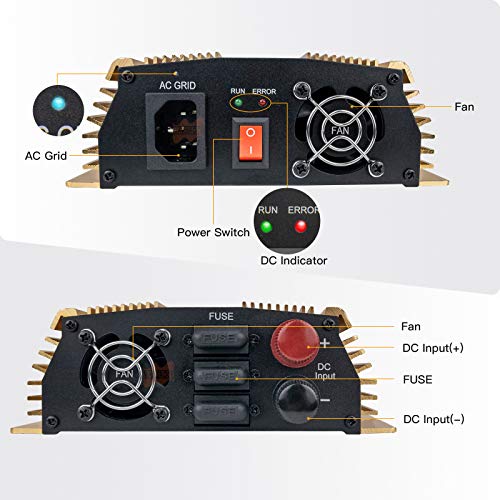 Marsrock 1300W Grid Tie Inverter Auto 20-50VDC(30v, 36v Solar) to 90~140VAC(110V AC) MPPT Pure Sine Wave Inverter for Max 1500W Solar or Wind Power Input (Golden)