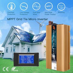 Marsrock 1300W Grid Tie Inverter Auto 20-50VDC(30v, 36v Solar) to 90~140VAC(110V AC) MPPT Pure Sine Wave Inverter for Max 1500W Solar or Wind Power Input (Golden)