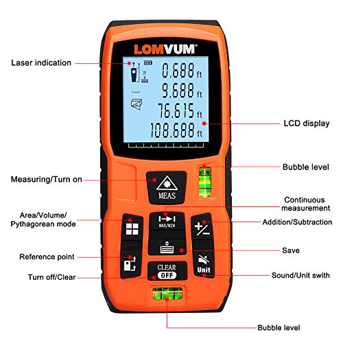 Laser Measure 393Ft - LOMVUM Laser Tape Measure Laser Measurement Tool with M/in/Ft Unit Switching, Backlit LCD, Pythagorean Mode, Measure Distance, Area and Volume - Carry Pouch and Battery Included