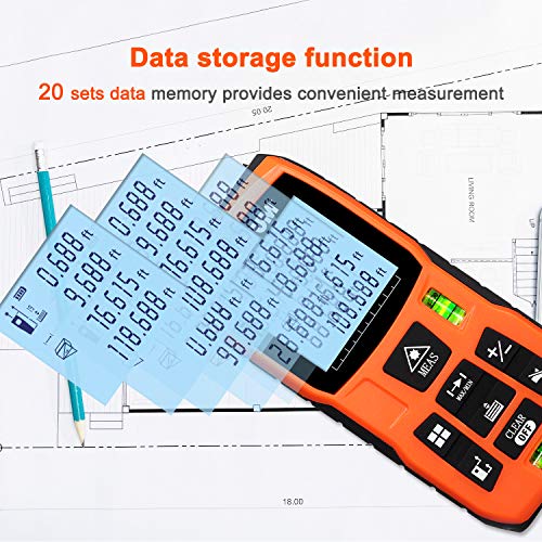 Laser Measure 393Ft - LOMVUM Laser Tape Measure Laser Measurement Tool with M/in/Ft Unit Switching, Backlit LCD, Pythagorean Mode, Measure Distance, Area and Volume - Carry Pouch and Battery Included