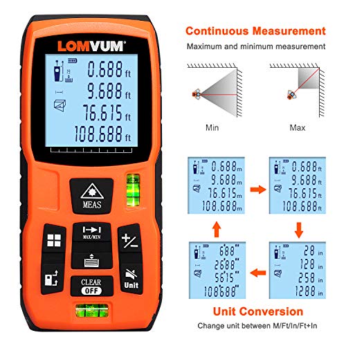 Laser Measure 393Ft - LOMVUM Laser Tape Measure Laser Measurement Tool with M/in/Ft Unit Switching, Backlit LCD, Pythagorean Mode, Measure Distance, Area and Volume - Carry Pouch and Battery Included