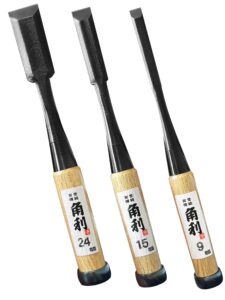 kakuri japanese wood chisel set 3 piece for woodworking, made in japan, japanese oire nomi for carve, mortise, dovetail, sharp japanese carbon steel blade, white oak wood handle