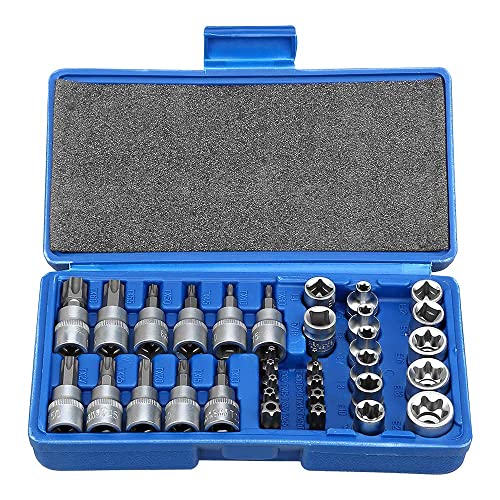 Drive Male Female Torx Star Bit Socket E-Socket Set Handheld Tool - 34 Pcs, Star Socket Set For Hand Use Work On Cars, Trucks, Machinery, and Other Jobs With Storage Case, Blue