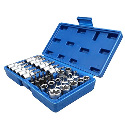 Drive Male Female Torx Star Bit Socket E-Socket Set Handheld Tool - 34 Pcs, Star Socket Set For Hand Use Work On Cars, Trucks, Machinery, and Other Jobs With Storage Case, Blue