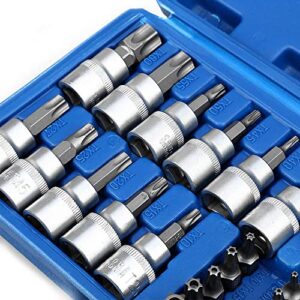 Drive Male Female Torx Star Bit Socket E-Socket Set Handheld Tool - 34 Pcs, Star Socket Set For Hand Use Work On Cars, Trucks, Machinery, and Other Jobs With Storage Case, Blue