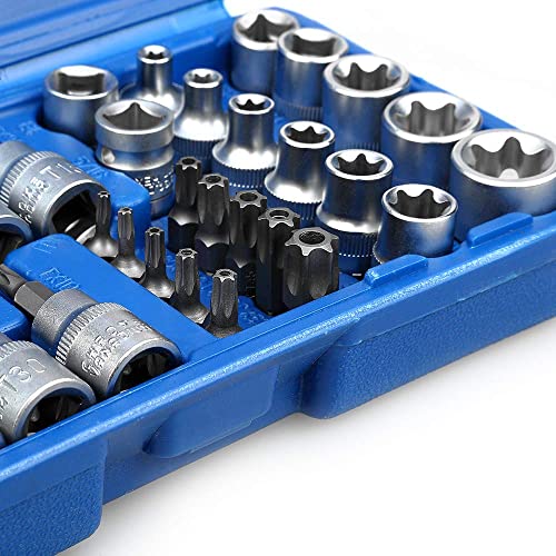 Drive Male Female Torx Star Bit Socket E-Socket Set Handheld Tool - 34 Pcs, Star Socket Set For Hand Use Work On Cars, Trucks, Machinery, and Other Jobs With Storage Case, Blue