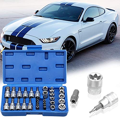 Drive Male Female Torx Star Bit Socket E-Socket Set Handheld Tool - 34 Pcs, Star Socket Set For Hand Use Work On Cars, Trucks, Machinery, and Other Jobs With Storage Case, Blue