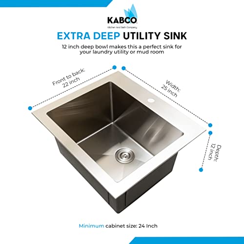 KABCO 25 Inch Wide 12 Inch Deep Commercial Sink 18 Gauge Undermount or Topmount Drop In Single Bowl Stainless Steel Laundry Utility Sink 25 L x 22 W x 12 D Inch