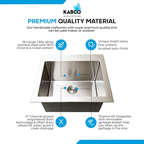 KABCO 25 Inch Wide 12 Inch Deep Commercial Sink 18 Gauge Undermount or Topmount Drop In Single Bowl Stainless Steel Laundry Utility Sink 25 L x 22 W x 12 D Inch