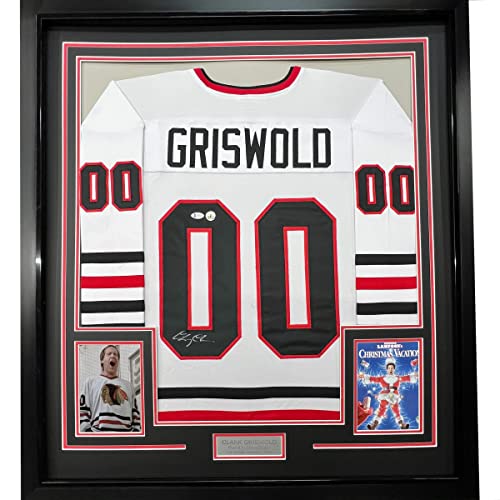 Framed Autographed/Signed Chevy Chase 33x42 Clark Griswold Christmas Vacation Movie Chicago White Hockey Jersey Beckett BAS COA