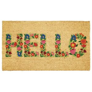 mdesign rectangular coir and rubber entryway welcome doormat with natural fibers for indoor or outdoor use - decorative script hello design - natural black/floral print