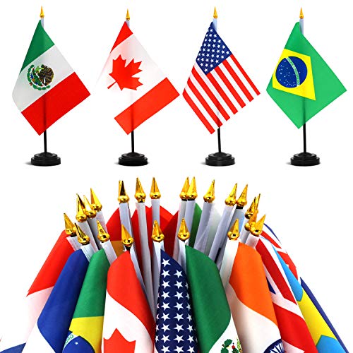 ANLEY 24 Countries Deluxe Desk Flags Set - 8 x 5 Inches Miniature American US Desktop Flag with 13" Black Pole - Vivid Color and Fade Resistant - Come with Black Base and Golden Top