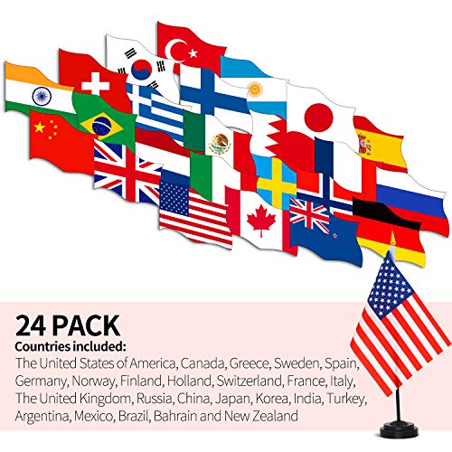 ANLEY 24 Countries Deluxe Desk Flags Set - 8 x 5 Inches Miniature American US Desktop Flag with 13" Black Pole - Vivid Color and Fade Resistant - Come with Black Base and Golden Top