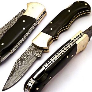 skokie knives custom hand made damascus steel hunting folding knife handle bull horn