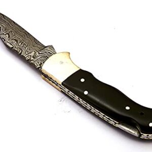 Skokie Knives Custom Hand Made Damascus Steel Hunting Folding Knife Handle Bull Horn