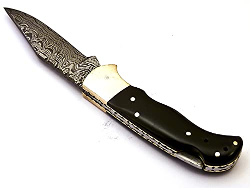 Skokie Knives Custom Hand Made Damascus Steel Hunting Folding Knife Handle Bull Horn