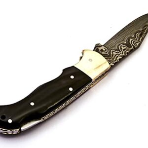 Skokie Knives Custom Hand Made Damascus Steel Hunting Folding Knife Handle Bull Horn