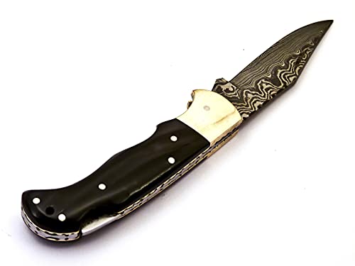 Skokie Knives Custom Hand Made Damascus Steel Hunting Folding Knife Handle Bull Horn