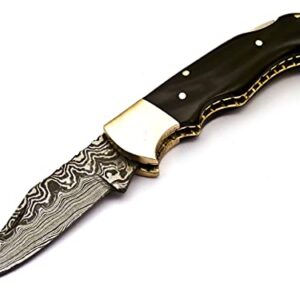 Skokie Knives Custom Hand Made Damascus Steel Hunting Folding Knife Handle Bull Horn