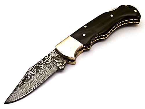 Skokie Knives Custom Hand Made Damascus Steel Hunting Folding Knife Handle Bull Horn