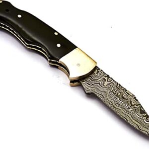 Skokie Knives Custom Hand Made Damascus Steel Hunting Folding Knife Handle Bull Horn