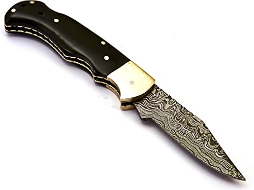 Skokie Knives Custom Hand Made Damascus Steel Hunting Folding Knife Handle Bull Horn