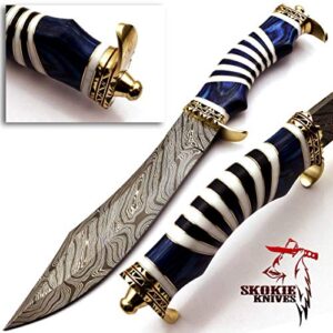 skokie knives custom hand made damascus steel hunting bowie knife handle camel bone (blue)