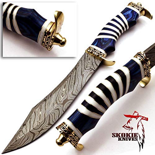 Skokie Knives Custom Hand Made Damascus Steel Hunting Bowie Knife Handle Camel Bone (Blue)