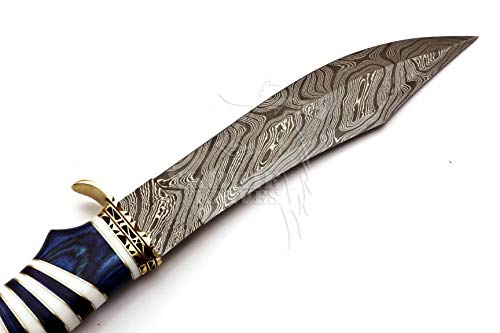 Skokie Knives Custom Hand Made Damascus Steel Hunting Bowie Knife Handle Camel Bone (Blue)