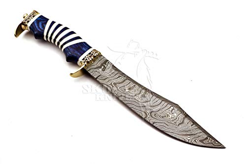 Skokie Knives Custom Hand Made Damascus Steel Hunting Bowie Knife Handle Camel Bone (Blue)