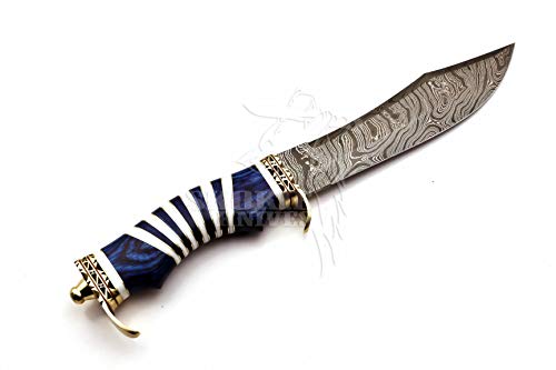 Skokie Knives Custom Hand Made Damascus Steel Hunting Bowie Knife Handle Camel Bone (Blue)