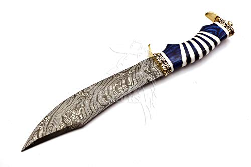 Skokie Knives Custom Hand Made Damascus Steel Hunting Bowie Knife Handle Camel Bone (Blue)