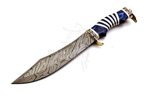 Skokie Knives Custom Hand Made Damascus Steel Hunting Bowie Knife Handle Camel Bone (Blue)