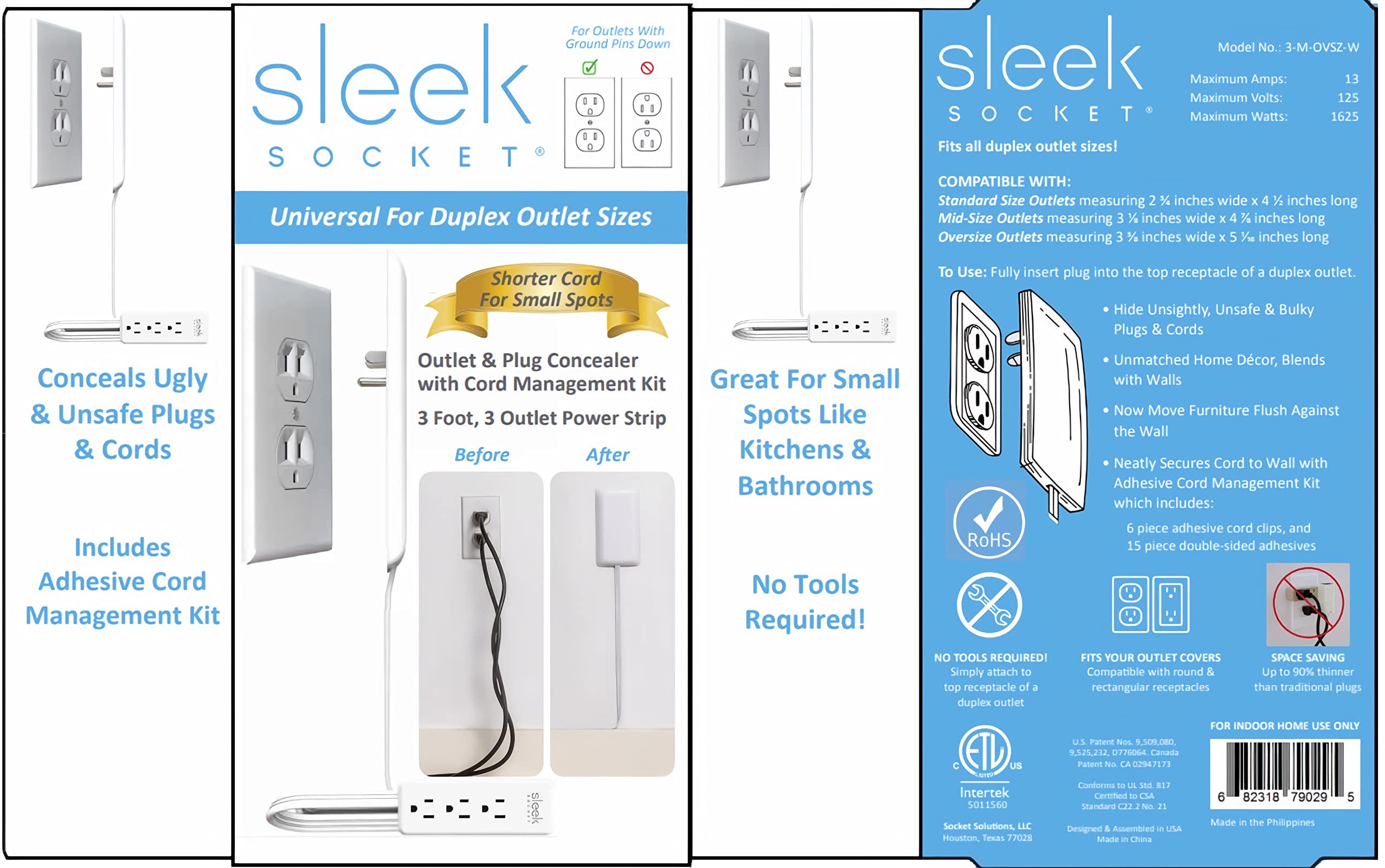 Sleek Socket - The Original & Patented Ultra-Thin Outlet Concealer with Cord Concealer Kit, 3 Outlet, 3-Foot Cord, Universal Size, UL Certified (Ideal for Kitchens, Small Spots & Behind Furniture)