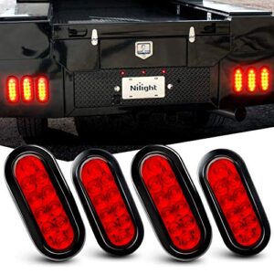 nilight - tl-07 6 inch oval red led trailer tail lights 4pcs 10 led with flush mount grommets plugs ip67 waterproof stop brake turn trailer lights for rv truck