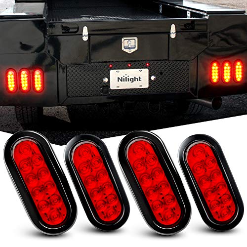 Nilight - TL-07 6 Inch Oval Red Led Trailer Tail Lights 4PCS 10 Led with Flush Mount Grommets Plugs IP67 Waterproof Stop Brake Turn Trailer Lights for RV Truck