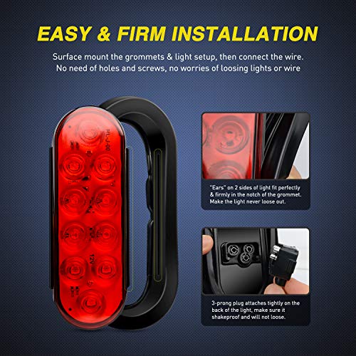 Nilight - TL-07 6 Inch Oval Red Led Trailer Tail Lights 4PCS 10 Led with Flush Mount Grommets Plugs IP67 Waterproof Stop Brake Turn Trailer Lights for RV Truck