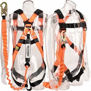 welkforder 1d-ring industrial fall protection safety harness with 6-foot shock absorber stretchable lanyard | permanent attached kit | ansi compliant personal fall arrest system(pfas)
