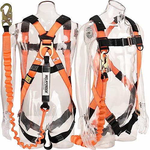 WELKFORDER 1D-Ring Industrial Fall Protection Safety Harness with 6-Foot Shock Absorber Stretchable Lanyard | Permanent attached Kit | ANSI Compliant Personal Fall Arrest System(PFAS)