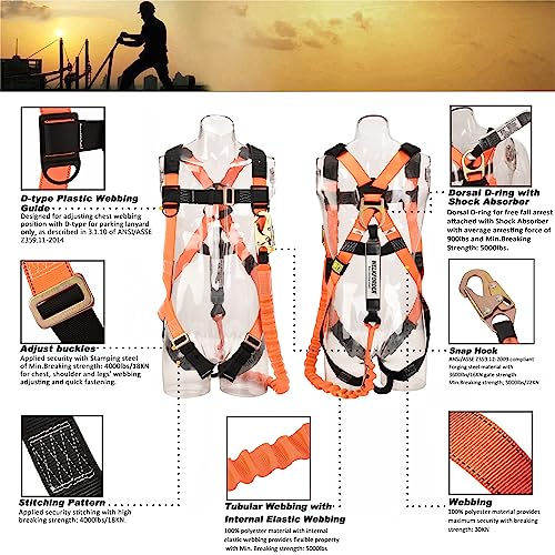 WELKFORDER 1D-Ring Industrial Fall Protection Safety Harness with 6-Foot Shock Absorber Stretchable Lanyard | Permanent attached Kit | ANSI Compliant Personal Fall Arrest System(PFAS)