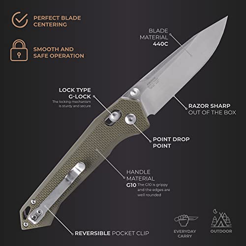 Firebird Ganzo FB7651-GR Pocket Folding Knife 440C Stainless Steel Blade G10 Anti-Slip Handle with Clip Hunting Fishing Camping Folder Outdoor EDC Knife (Green)